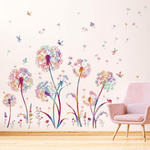 wondever Wandtattoo Pusteblume Bunte Wandaufkleber Löwenzahn Blumen Schmetterling Wandsticker Wanddeko für Kinderzimmer Babyzimmer Mädchen Schlafzimmer von wondever