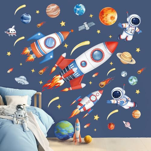 wondever Wandtattoo Raketen Weltraum Wandaufkleber Planeten Sonnensystem Astronaut Raumschiff Wandsticker Wanddeko für Jungen Kinderzimmer Babyzimmer Spielzimmer von wondever