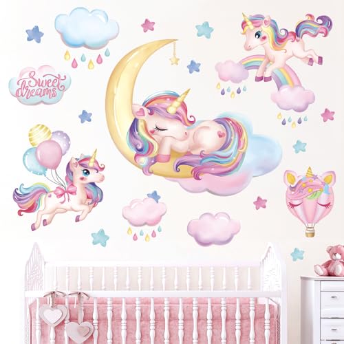 wondever Wandtattoo Regenbogen Einhorn Wandaufkleber Ballon Einhorn auf Mond Wolken Wandsticker Wanddeko für Kinderzimmer Mädchen Babyzimmer Schlafzimmer von wondever