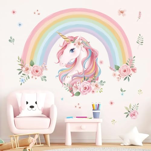 wondever Wandtattoo Regenbogen Groß Wandaufkleber Einhorn Blumen Wandsticker Wanddeko für Mädchen Kinderzimmer Schlafzimmer Wohnzimmer von wondever