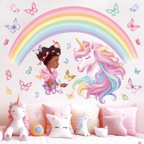 wondever Wandtattoo Regenbogen Groß Wandaufkleber Einhorn Schmetterlings Mädchen Wandsticker Wanddeko für Kinderzimmer Mädchen Schlafzimmer von wondever