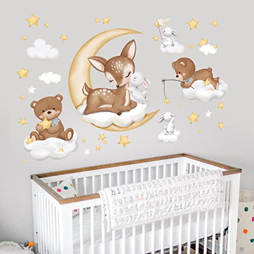 wondever Wandtattoo Reh und Hase Bär Wandaufkleber Mond und Sterne Wolken Wandsticker Wanddeko für Kinderzimmer Babyzimmer Mädchenzimmer von wondever