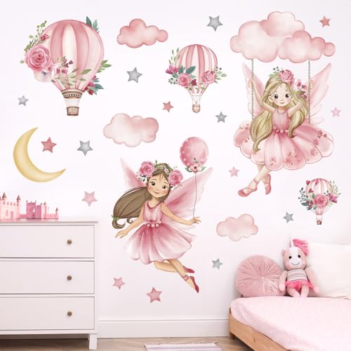 wondever Wandtattoo Rosa Feen Elfen Schwingen Wandaufkleber Mädchen Heißluftballon Blume Wandsticker Wanddeko für Mädchenzimmer Kinderzimmer Babyzimmer von wondever