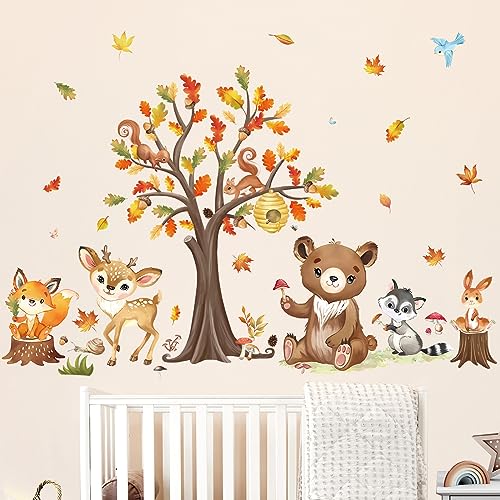 wondever Wandtattoo Waldtiere Bär Wandaufkleber Baum Blätter Hirsch Fuchs Wandsticker Wanddeko für Kinderzimmer Babyzimmer von wondever