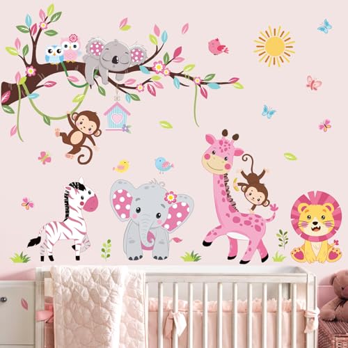 wondever Wandtattoo Waldtiere Baum Ast Rosa Wandaufkleber Safari Tiere Elefant Giraffe Löwe Affe Wandsticker Wanddeko für Mädchen Babyzimmer Kinderzimmer Schlafzimmer von wondever