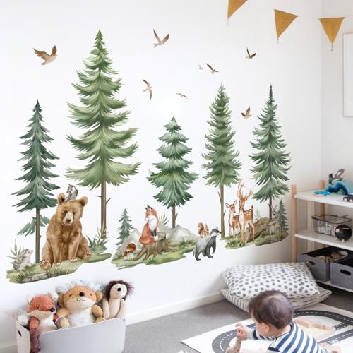 wondever Wandtattoo Waldtiere Kinderzimmer XXL Wandaufkleber Baum Große Kiefer Bär Hirsch Wandsticker Wanddeko für Kinderzimmer Babyzimmer von wondever