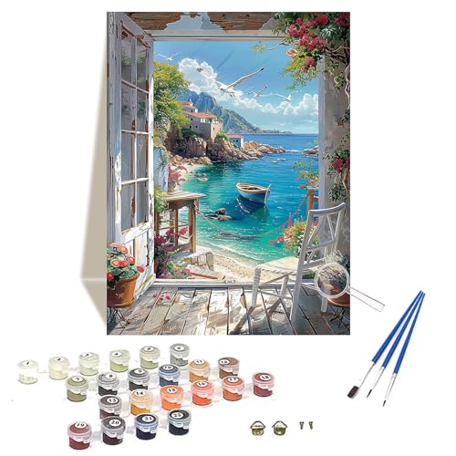 wonloong Paint by Numbers for Adults,Sea View Painting by Number Kits On Canvas,DIY Craft Art Painting Kit Acrylic Pigment Drawing Paintwork for Gift Home Wall Decor 12x16inch/30x40cm von wonloong