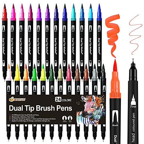 wonsar Dual Brush Pen Set: Filzstifte 24 Farben Dicke und Dünne Pinselstifte Marker Fineliner Aquarell Für Bullet Journal, Malbücher, Handlettering, Mandala stifte Malstifte Für Kinder und Erwachsene von wonsar