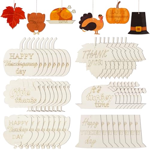 WOODOUNAI 48 Stück unlackierte Holzausschnitte Happy Thanksgiving Holzausschnitte Kürbis Ausschnitte zum Basteln Holz Truthahn Ornament Dankeschön Anhänger für Herbst Baum hängende Ornamente von woodounai