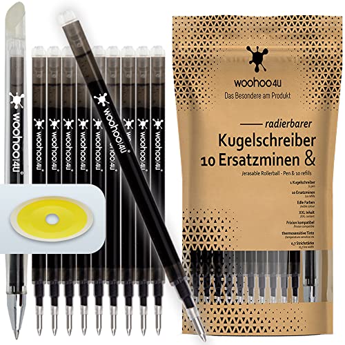 woohoo4u Set aus Ersatzminen und Kugelschreiber, radierbar, 0,7 mm, kompatibel zu Pilot Frixion, XXL Inhalt - 13er Set, Edles Schwarz von woohoo4u