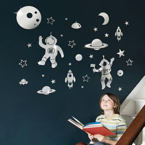 wooshwa 3D Acryl Spiegel Wandtattoo Wandsticker Wandaufkleber Kinderzimmer Babyzimmer Schlafzimmer Selbstklebend Deko Wanddeko für Jungen Mädchen Kinder Astronauten Raketen Planet (Silber) von wooshwa