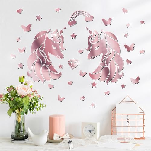 wooshwa 3D Acryl Spiegel Wandtattoo Wandsticker Wandaufkleber Kinderzimmer Babyzimmer Schlafzimmer Selbstklebend Deko Wanddeko für Jungen Mädchen Kinder Einhorn Schmetterling Sterne Herz (Roségold) von wooshwa