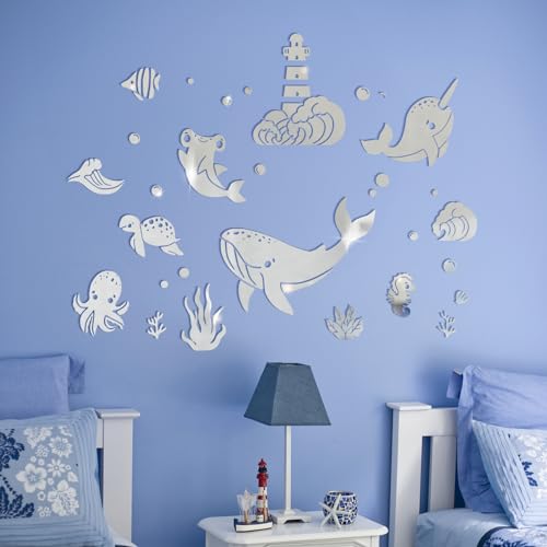 wooshwa 3D Acryl Spiegel Wandtattoo Wandsticker Wandaufkleber Kinderzimmer Babyzimmer Schlafzimmer Selbstklebend Deko Wanddeko für Jungen Mädchen Kinder Wale Schildkröte Oktopus (Silber) von wooshwa