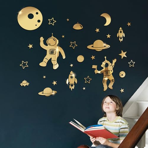 wooshwa 3D Acryl Spiegel Wandtattoo Wandsticker Wandaufkleber Kinderzimmer Babyzimmer Schlafzimmer Selbstklebend Deko Wanddeko für Jungen Mädchen Kinder Astronauten Raketen Planet (Gold) von wooshwa