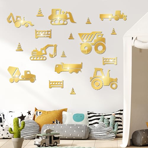 wooshwa 3D Acryl Spiegel Wandtattoo Wandsticker Wandaufkleber Kinderzimmer Babyzimmer Schlafzimmer Selbstklebend Deko Wanddeko für Jungen Mädchen Kinder Lastkraftwagen Traktor Bagger (Gold) von wooshwa