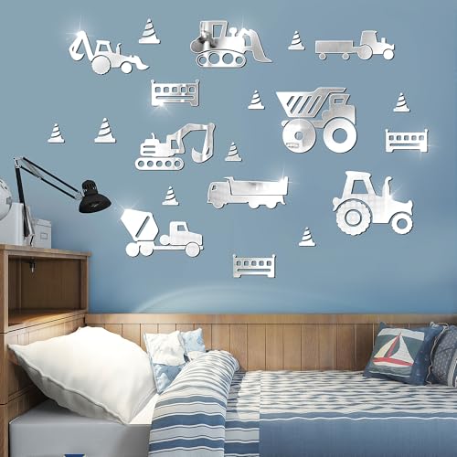 wooshwa 3D Acryl Spiegel Wandtattoo Wandsticker Wandaufkleber Kinderzimmer Babyzimmer Schlafzimmer Selbstklebend Deko Wanddeko für Jungen Mädchen Kinder Lastkraftwagen Traktor Bagger (Silber) von wooshwa