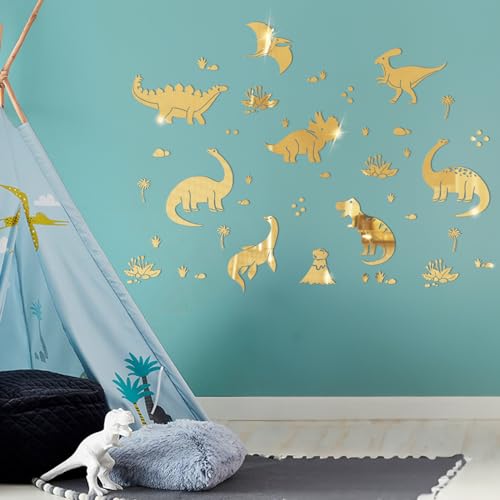 wooshwa 3D Acryl Spiegel Wandtattoo Wandsticker Wandaufkleber Kinderzimmer Babyzimmer Schlafzimmer Selbstklebend Deko Wanddeko für Jungen Mädchen Kinder Dinosaurier (Gold) von wooshwa