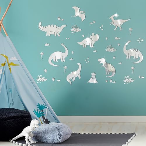 wooshwa 3D Acryl Spiegel Wandtattoo Wandsticker Wandaufkleber Kinderzimmer Babyzimmer Schlafzimmer Selbstklebend Deko Wanddeko für Jungen Mädchen Kinder Dinosaurier (Silber) von wooshwa