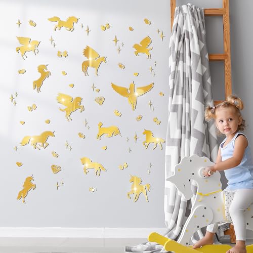 wooshwa 3D Acryl Spiegel Wandtattoo Wandsticker Wandaufkleber Kinderzimmer Babyzimmer Schlafzimmer Selbstklebend Deko Wanddeko für Jungen Mädchen Kinder Einhorn Silhouette Sterne (Gold) von wooshwa