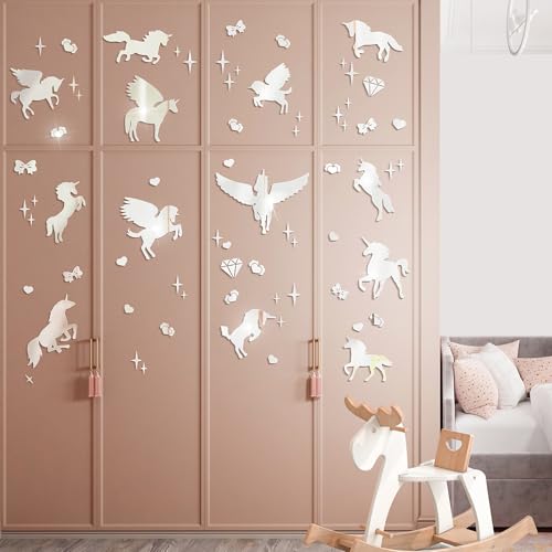 wooshwa 3D Acryl Spiegel Wandtattoo Wandsticker Wandaufkleber Kinderzimmer Babyzimmer Schlafzimmer Selbstklebend Deko Wanddeko für Jungen Mädchen Kinder Einhorn Silhouette (Silber) von wooshwa