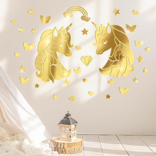 wooshwa 3D Acryl Spiegel Wandtattoo Wandsticker Wandaufkleber Kinderzimmer Babyzimmer Schlafzimmer Selbstklebend Deko Wanddeko für Jungen Mädchen Kinder Einhorn Schmetterling Sterne Herz (Gold) von wooshwa