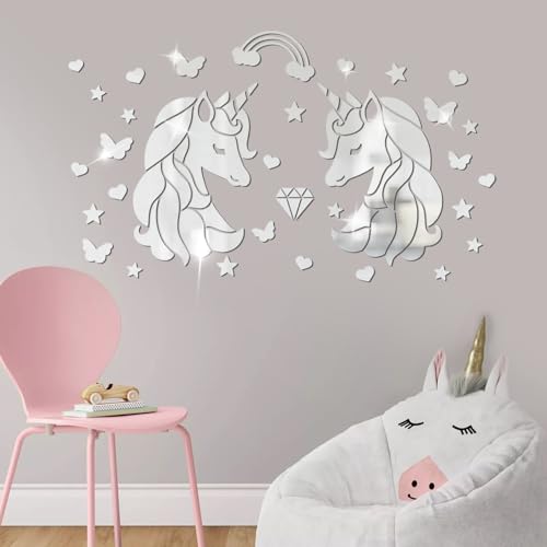 wooshwa 3D Acryl Spiegel Wandtattoo Wandsticker Wandaufkleber Kinderzimmer Babyzimmer Schlafzimmer Selbstklebend Deko Wanddeko für Jungen Mädchen Kinder Einhorn Schmetterling Sterne Herz (Silber) von wooshwa