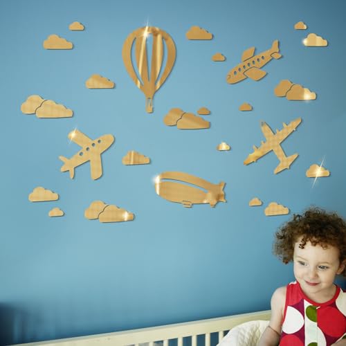 wooshwa 3D Acryl Spiegel Wandtattoo Wandsticker Wandaufkleber Kinderzimmer Babyzimmer Schlafzimmer Selbstklebend Deko Wanddeko für Jungen Mädchen Kinder Flugzeug Heißluftballon Wolken (Gold) von wooshwa