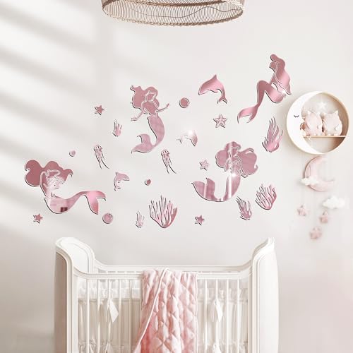 wooshwa 3D Acryl Spiegel Wandtattoo Wandsticker Wandaufkleber Kinderzimmer Babyzimmer Schlafzimmer Selbstklebend Deko Wanddeko für Jungen Mädchen Kinder Meerjungfrau Sterne (Roségold) von wooshwa