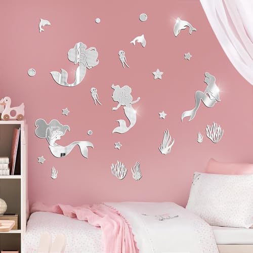 wooshwa 3D Acryl Spiegel Wandtattoo Wandsticker Wandaufkleber Kinderzimmer Babyzimmer Schlafzimmer Selbstklebend Deko Wanddeko für Jungen Mädchen Kinder Meerjungfrau Sterne (Silber) von wooshwa