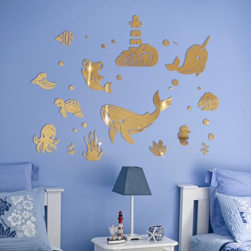 wooshwa 3D Acryl Spiegel Wandtattoo Wandsticker Wandaufkleber Kinderzimmer Babyzimmer Schlafzimmer Selbstklebend Deko Wanddeko für Jungen Mädchen Kinder Wale Schildkröte Oktopus (Gold) von wooshwa