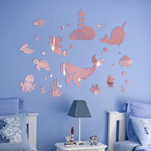 wooshwa 3D Acryl Spiegel Wandtattoo Wandsticker Wandaufkleber Kinderzimmer Babyzimmer Schlafzimmer Selbstklebend Deko Wanddeko für Jungen Mädchen Kinder Wale Schildkröte Oktopus (Roségold) von wooshwa