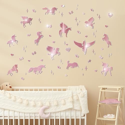 wooshwa 3D Acryl Spiegel Wandtattoo Wandsticker Wandaufkleber Kinderzimmer Babyzimmer Schlafzimmer Selbstklebend Deko Wanddeko für Jungen Mädchen Kinder Einhorn Silhouette (Roségold) von wooshwa