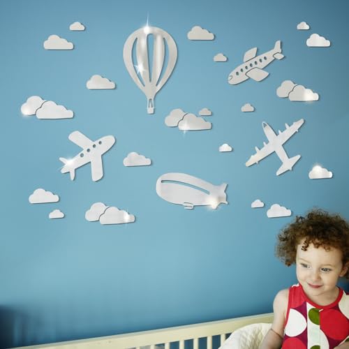 wooshwa 3D Acryl Spiegel Wandtattoo Wandsticker Wandaufkleber Kinderzimmer Babyzimmer Schlafzimmer Selbstklebend Deko Wanddeko für Jungen Mädchen Kinder Flugzeug Heißluftballon Wolken (Silber) von wooshwa