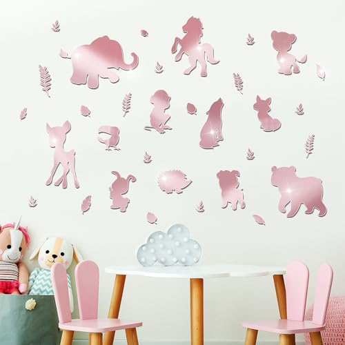 wooshwa 3D Acryl Spiegel Wandtattoo Wandsticker Wandaufkleber Kinderzimmer Babyzimmer Schlafzimmer Selbstklebend Deko Wanddeko für Jungen Mädchen Kinder Elefanten Fuchs Rotwild Bär Löwe (Roségold) von wooshwa