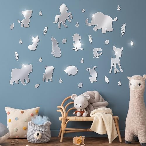 wooshwa 3D Acryl Spiegel Wandtattoo Wandsticker Wandaufkleber Kinderzimmer Babyzimmer Schlafzimmer Selbstklebend Deko Wanddeko für Jungen Mädchen Kinder Elefanten Fuchs Rotwild Bär Löwe (Silber) von wooshwa