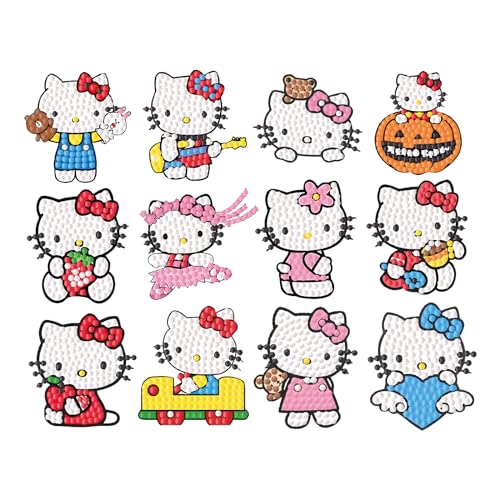 12 Hello Kitty Diamond Painting Sticker,Wopin- Hello Kitty Diamant Painting Bilder Kinder,5d Diamond Painting Anfänger Set,Schöne Handgemachte Deko,Sehr gut für Anfänger und Kinder geeignet von wopin