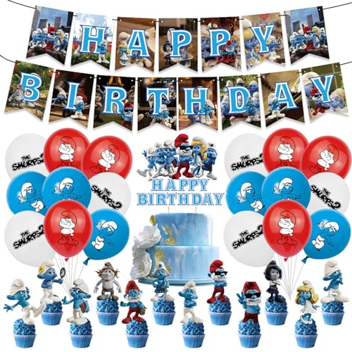 Wopin-Smurfs-Themenparty-Zubehör, 33 Stück, Schlümpfe, Partyzubehör, inklusive -Kuchenaufsatz, Cupcake-Topper, Banner, Luftballons von wopin