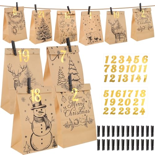 Adventskalender zum Befüllen 2024, 24 Papiertüten Braun mit Zahlenaufkleber 1-24 und Holzklammern Adventskalender Selber Basteln DIY Adventskalender Erwachsene Kinder (4 Stile) von woric