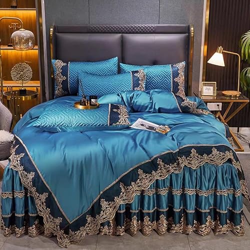 woxefo Bettwäsche, hautfreundliche Bettwäsche, Bettwäscheset, hautfreundlicher Satinstoff im europäischen Stil, einfarbige Stickereispitze, geeignet für Schlafzimmer, Gästezimmer usw.(Bentley Blue,G) von woxefo