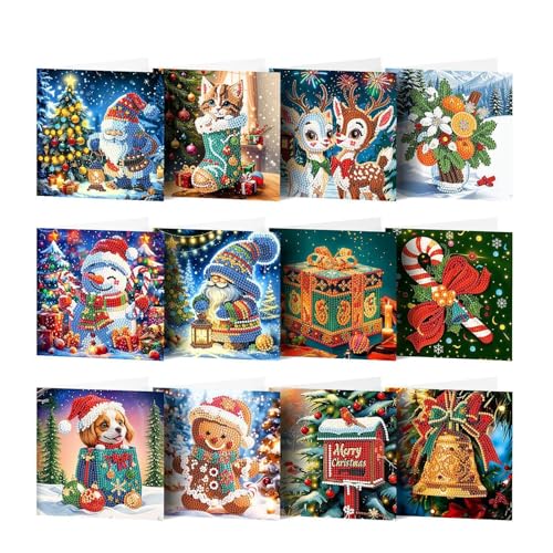 wqibq Grußkarten, Weihnachtsgrußkarten, 12-teiliges Set mit Strasssteinen, Weihnachtskarten-Kits, Blanko-Malkarten, Urlaubs-Postkarte für die von wqibq