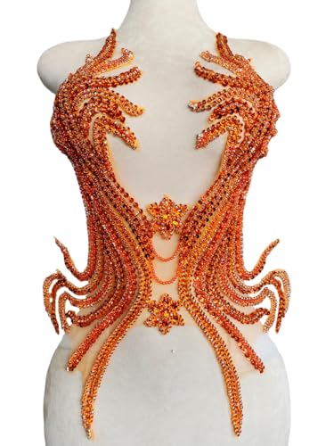 Reine handgefertigte Strass-Perlen-Applikation zum Aufnähen auf Kristall-Pailletten, Spitzenbesatz, Zubehör für Kleid, Kleidung, glänzende Perlen, dekoratives Material, 32,5 x 65,5 cm, Orange von wtbv.n