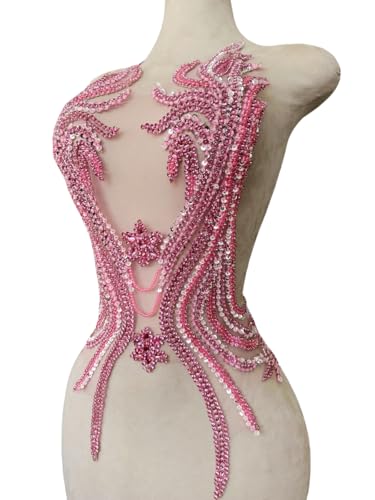 Reine handgefertigte Strass-Perlen-Applikation zum Aufnähen auf Kristall-Pailletten, Spitzenbesatz, Zubehör für Kleid, Kleidung, glänzende Perlen, dekoratives Material, 32,5 x 65,5 cm, Rosa von wtbv.n