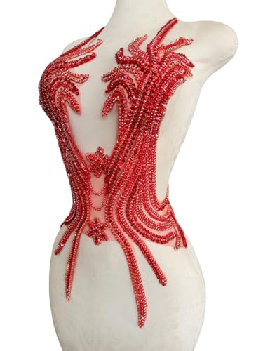 Reine handgefertigte Strass-Perlen-Applikation zum Aufnähen auf Kristall-Pailletten, Spitzenbesatz, Zubehör für Kleid, Kleidung, glänzende Perlen, dekoratives Material, 32,5 x 65,5 cm, Rot von wtbv.n