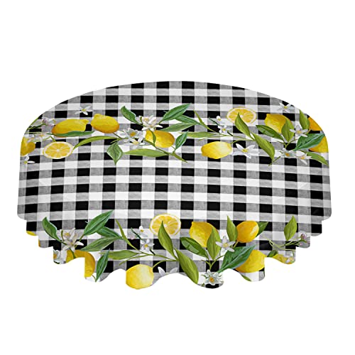 Tischdecke 152cm Gelbe Zitronen-Sommerfrucht-Zitronen-Schwarz-Weißes Büffel-Plaid Wachstischdecke Wasserdicht Wachstuchtischdecke Abwaschbar Tischwäsche Für Party Camping Outdoor von wuhanshiruikewanshangmaoyouxiangongsi