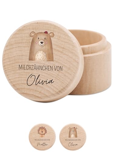 wunderwunsch® - Milchzahndose personalisiert aus Holz mit kinderfreundlichem UV-Druck - Zahndose Milchzähne als Erinnerung an die ersten Zähnchen (Bär mit Marienkäfer) von wunderwunsch