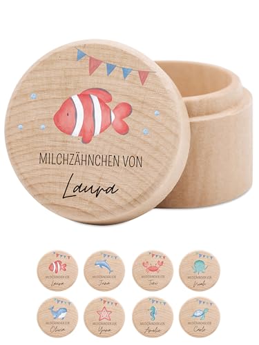 wunderwunsch® - Milchzahndose personalisiert aus Holz mit kinderfreundlichem UV-Druck - Zahndose Milchzähne als Erinnerung an die ersten Zähnchen (Clownfisch Girlande) von wunderwunsch