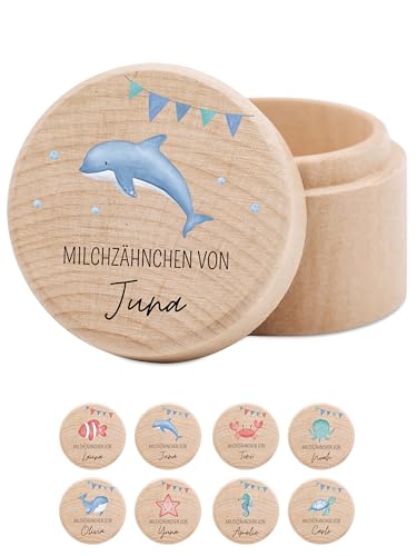 wunderwunsch® - Milchzahndose personalisiert aus Holz mit kinderfreundlichem UV-Druck - Zahndose Milchzähne als Erinnerung an die ersten Zähnchen (Delfin Girlande) von wunderwunsch