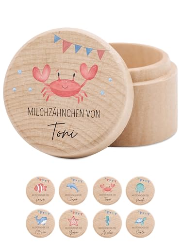 wunderwunsch® - Milchzahndose personalisiert aus Holz mit kinderfreundlichem UV-Druck - Zahndose Milchzähne als Erinnerung an die ersten Zähnchen (Krabbe Girlande) von wunderwunsch