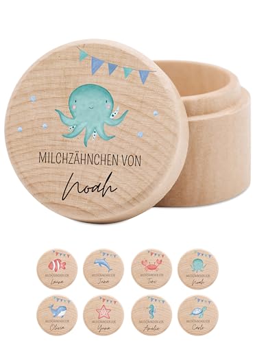 wunderwunsch® - Milchzahndose personalisiert aus Holz mit kinderfreundlichem UV-Druck - Zahndose Milchzähne als Erinnerung an die ersten Zähnchen (Oktopus Girlande) von wunderwunsch