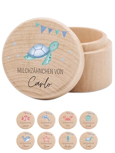 wunderwunsch® - Milchzahndose personalisiert aus Holz mit kinderfreundlichem UV-Druck - Zahndose Milchzähne als Erinnerung an die ersten Zähnchen (Schildkröte Girlande) von wunderwunsch